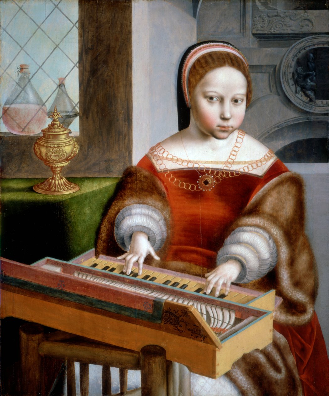 Ung kvinna som spelar ett clavichord av Jan van Sanders workshop of Hemessen