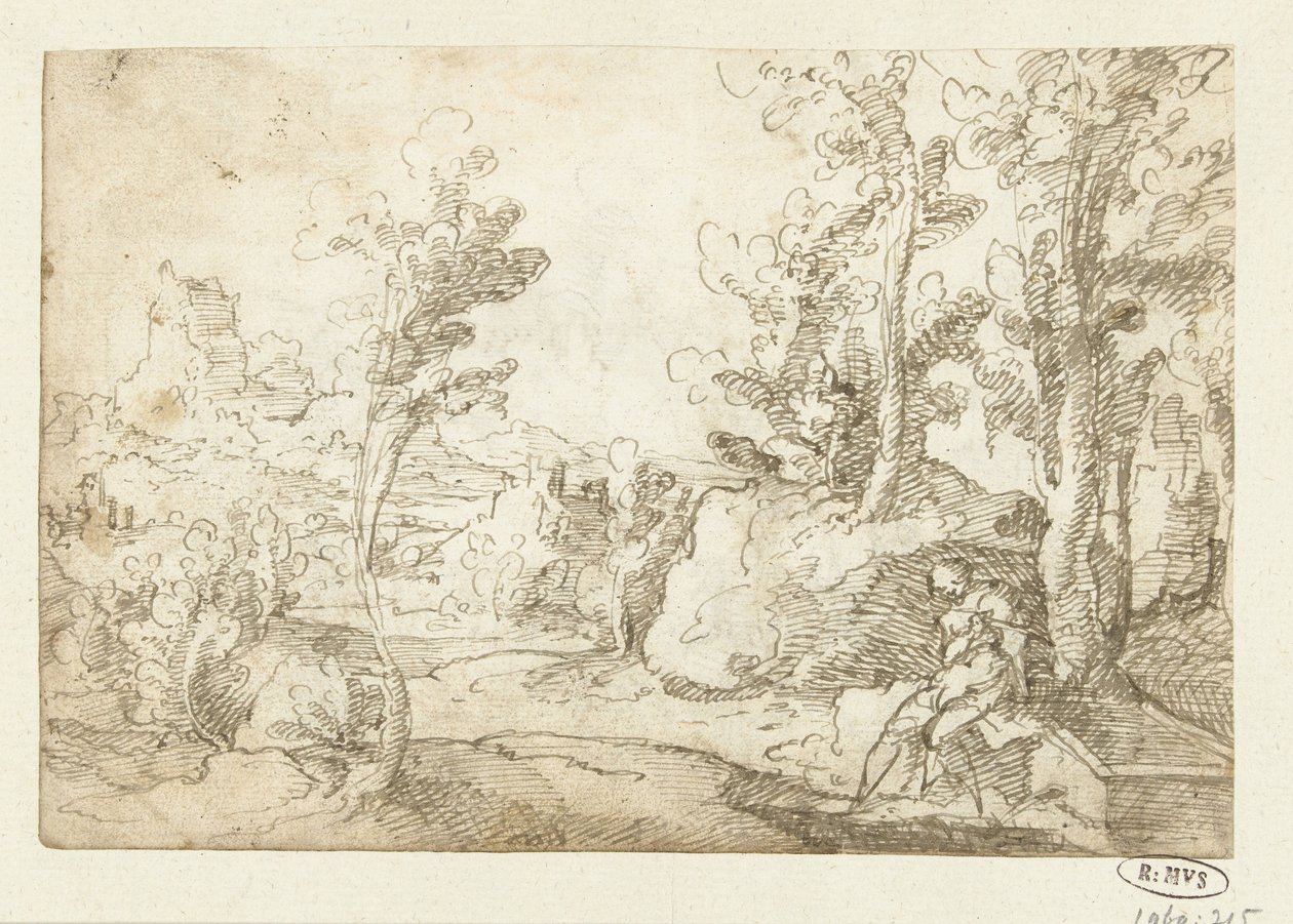 Landskap med en figur som sitter vid en brunn av Jan van Scorel (attributed to)
