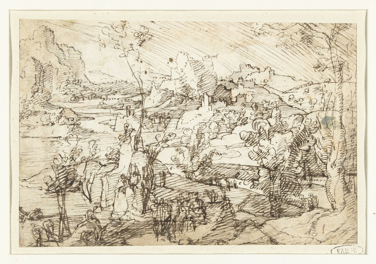 Landskap med stenar, figurer och ett segelfartyg av Jan van Scorel (attributed to)