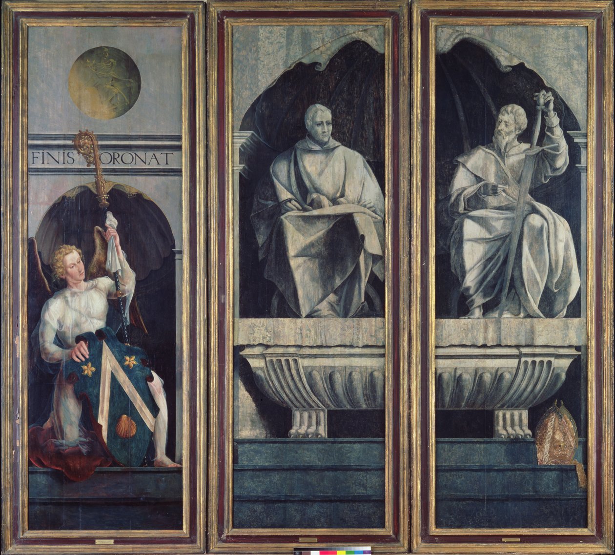 Ängel som presenterar Sankt Stefan och Sankt Jakob den store med Jacques Coëne, abbot av Marchiennes, vapen, från polyptyk av Sankt Stefan och Sankt Jakob den store, ca 1541 av Jan van Scorel