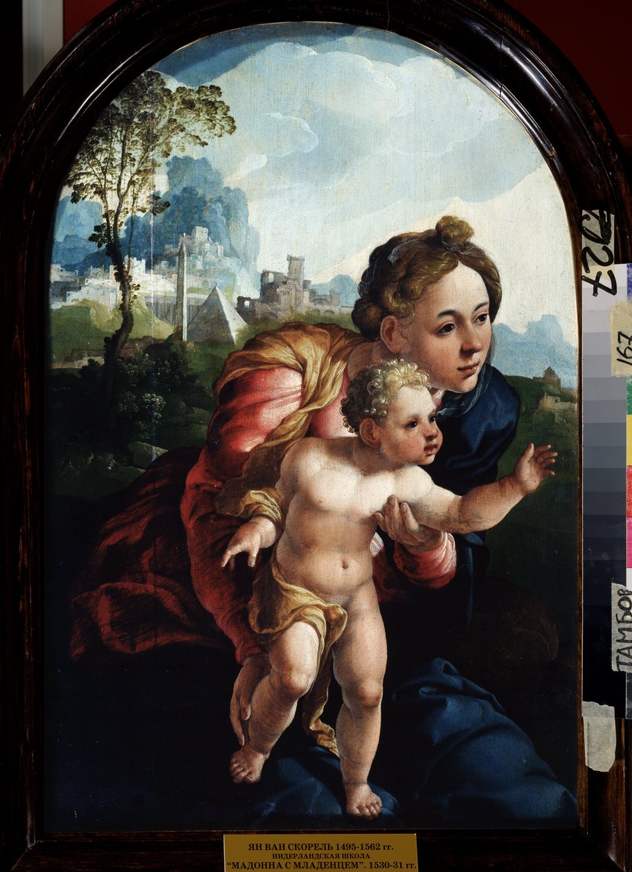 Jungfrun och barnet (Jungfrun och barnet). Målning av Jan Van Scorel (1495-1562). Olja på trä, 66 x 45 cm av Jan van Scorel