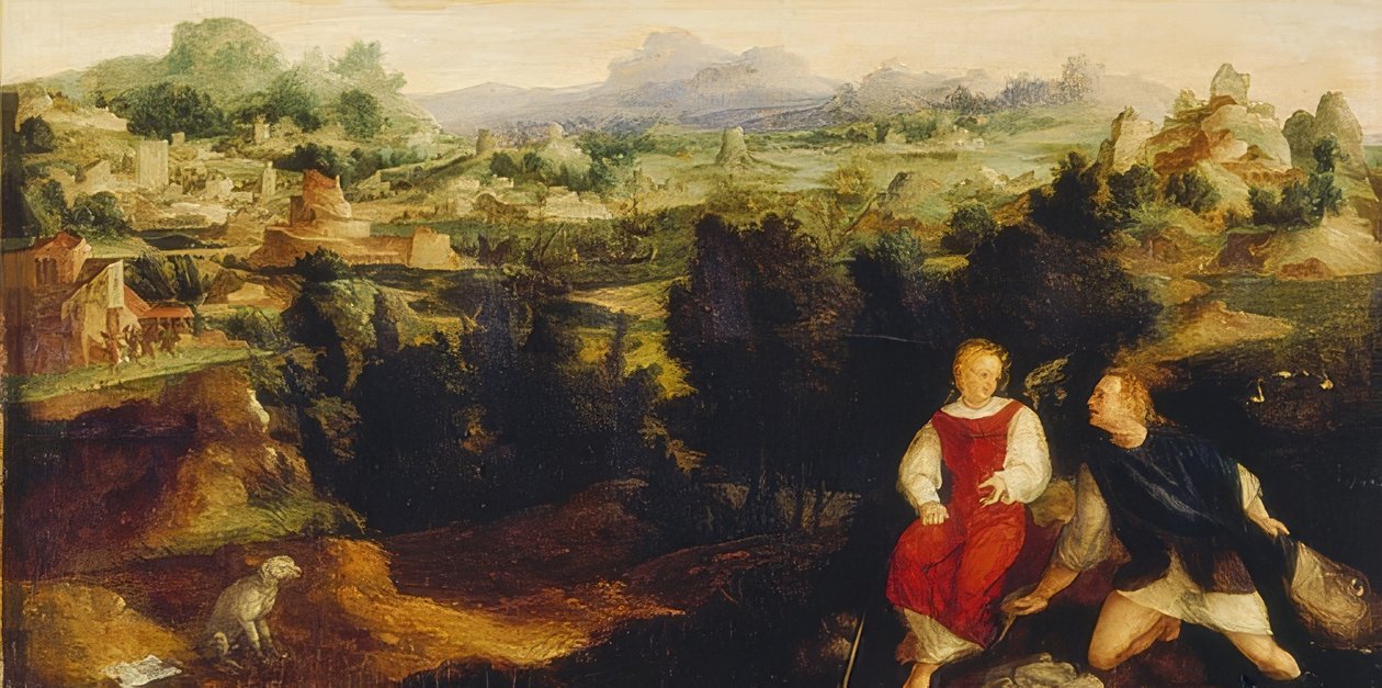 Tobias med ängeln i ett landskap. 1521 av Jan van Scorel