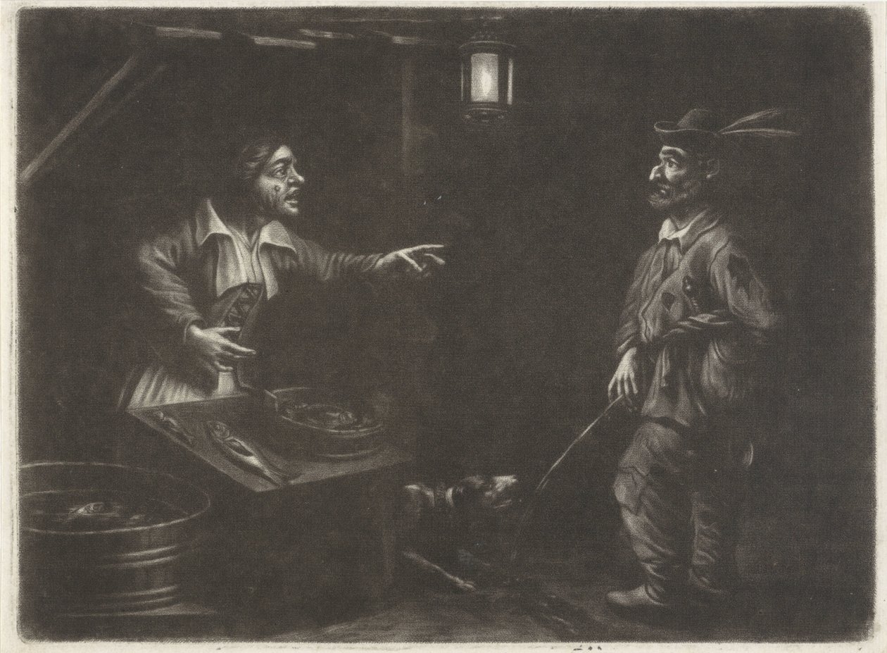 Nattvy med fiskhandlare och en kissande man av Jan van Somer