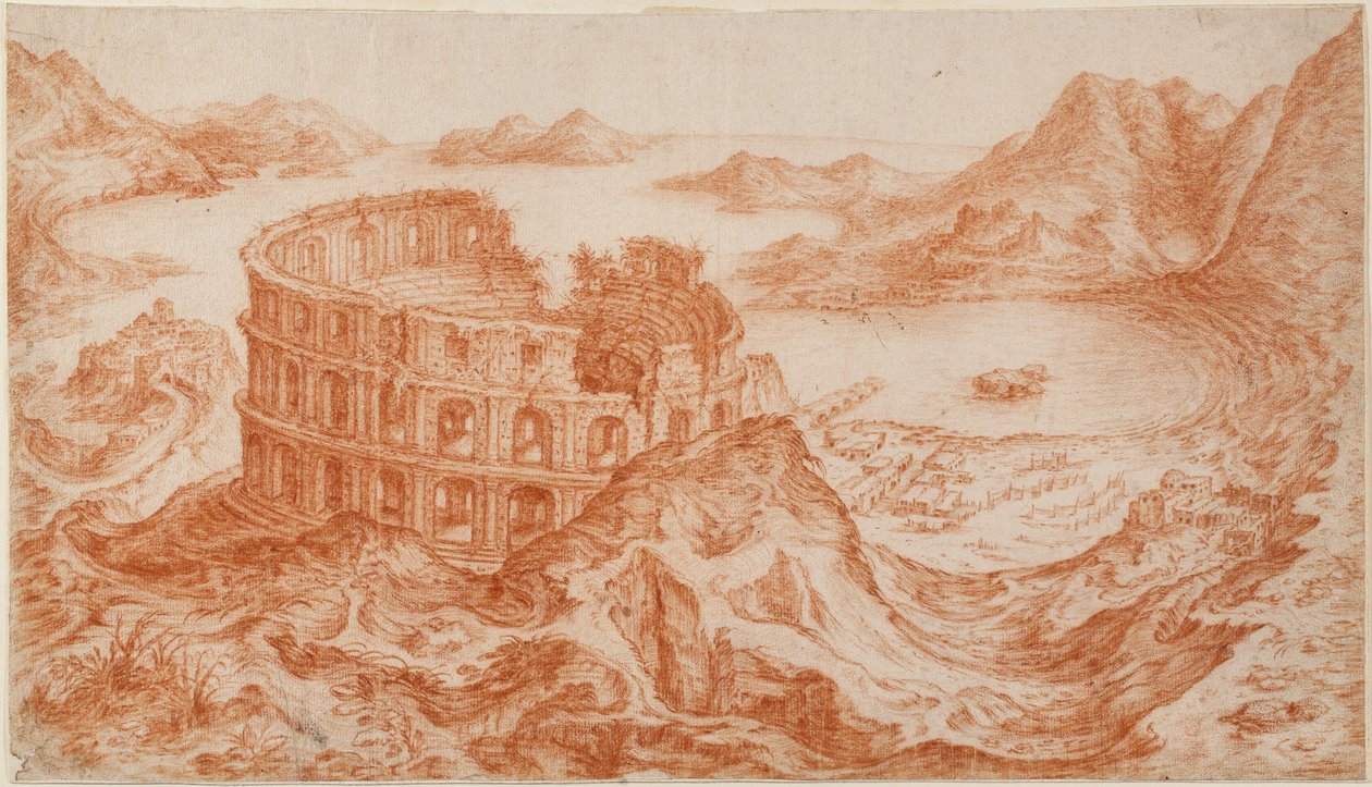 Utsikt över den romerska amfiteatern vid Pozzuoli med Neapelbukten bortom (röd krita på papper) av Jan van Stinemolen