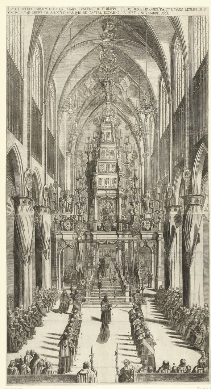 Lijkdienst voor Filips IV te Bryssel, 1665 Det brinnande kapellet och begravningsprocessionen av Philippe IIIe roy des Espaignes gjord i kyrkan Ste. Gudule i ordning av s. överskott. markisen av Castel Rodrigo den 4 och 5 november 1665 (titel på objektet) av Jan van Troyen