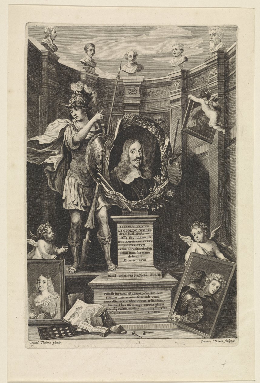 Porträtt av ärkehertig Leopold William av Österrike som konstsamlare Theatrum Pictorium (serietitel) Titelsida för: David Teniers, Theatrum Pictorium, 1658 av Jan van Troyen