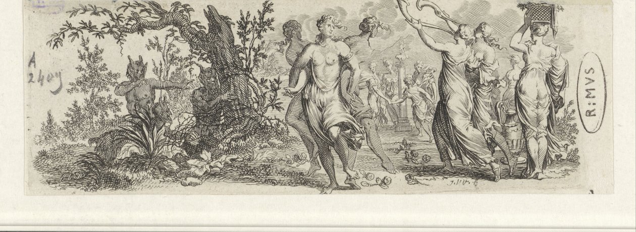 Dansande nymfer bevakade av satyrer av Jan van Vianen