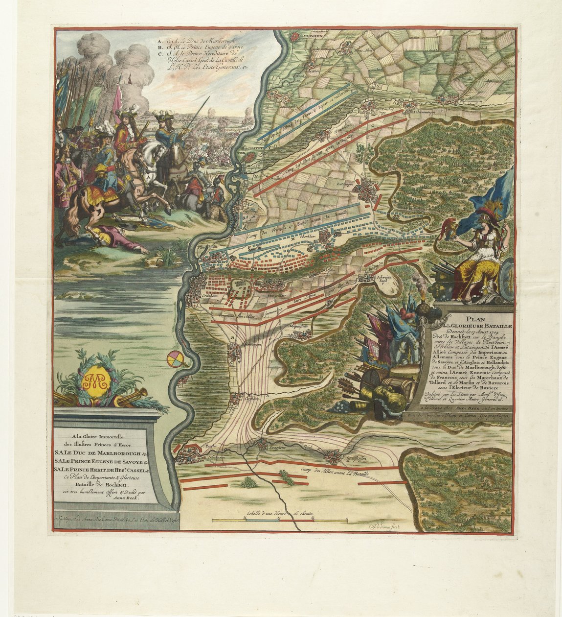 Slag bij Höchstädt, 1704 Plan för den härliga striden given den 13 augusti nära Hochstett vid Donau (...) (titel på objekt) av Jan van Vianen