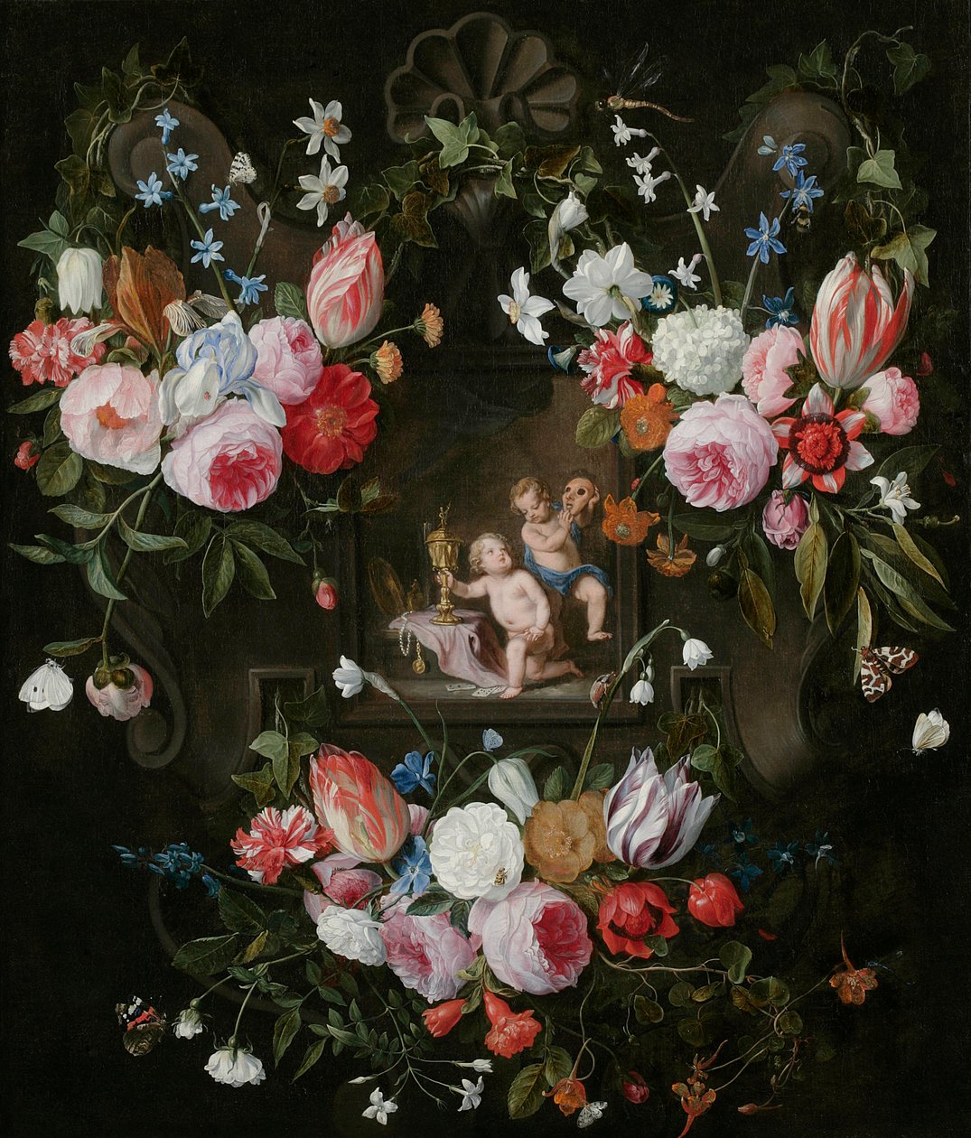 Ett kartuschstilleben av blommor runt en allegorisk bild av Putti med kostsamma föremål och en mask, 1648 av Jan van and Balen, Hendrik van Kessel