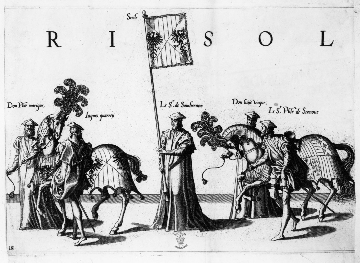 Siciliens vapen vid kejsar Karl Vs begravningsprocession 1559 av Jan van and Doetechum Doetechum the elder