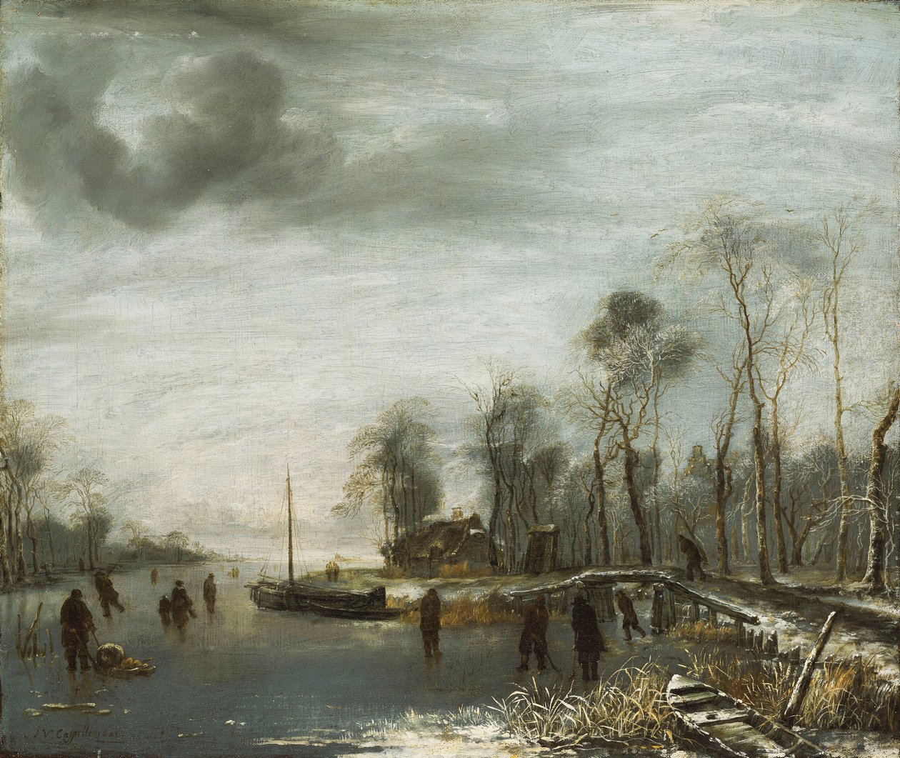 Ett vinterlandskap med skridskoåkare och Colf-spelare på en frusen vattenväg, 1653 av Jan van de Capelle or Cappelle