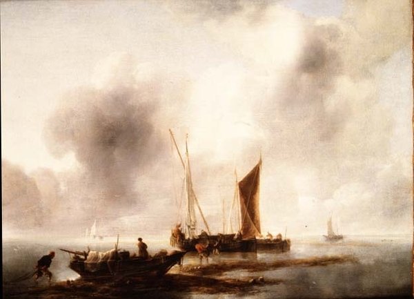 Fiskare lastar av sin fångst i ett lugn av Jan van de Capelle or Cappelle