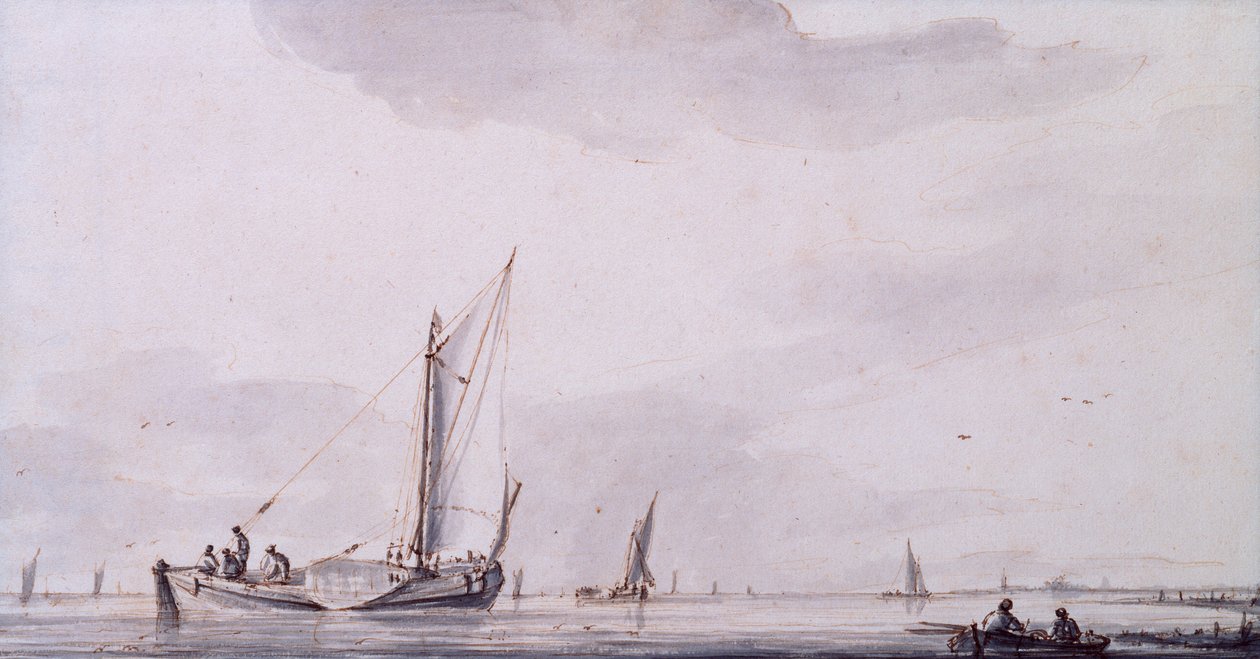 Fiskare och segelbåtar på en mynning i ett lugn (penna, bläck och tvätt) av Jan van de Capelle or Cappelle