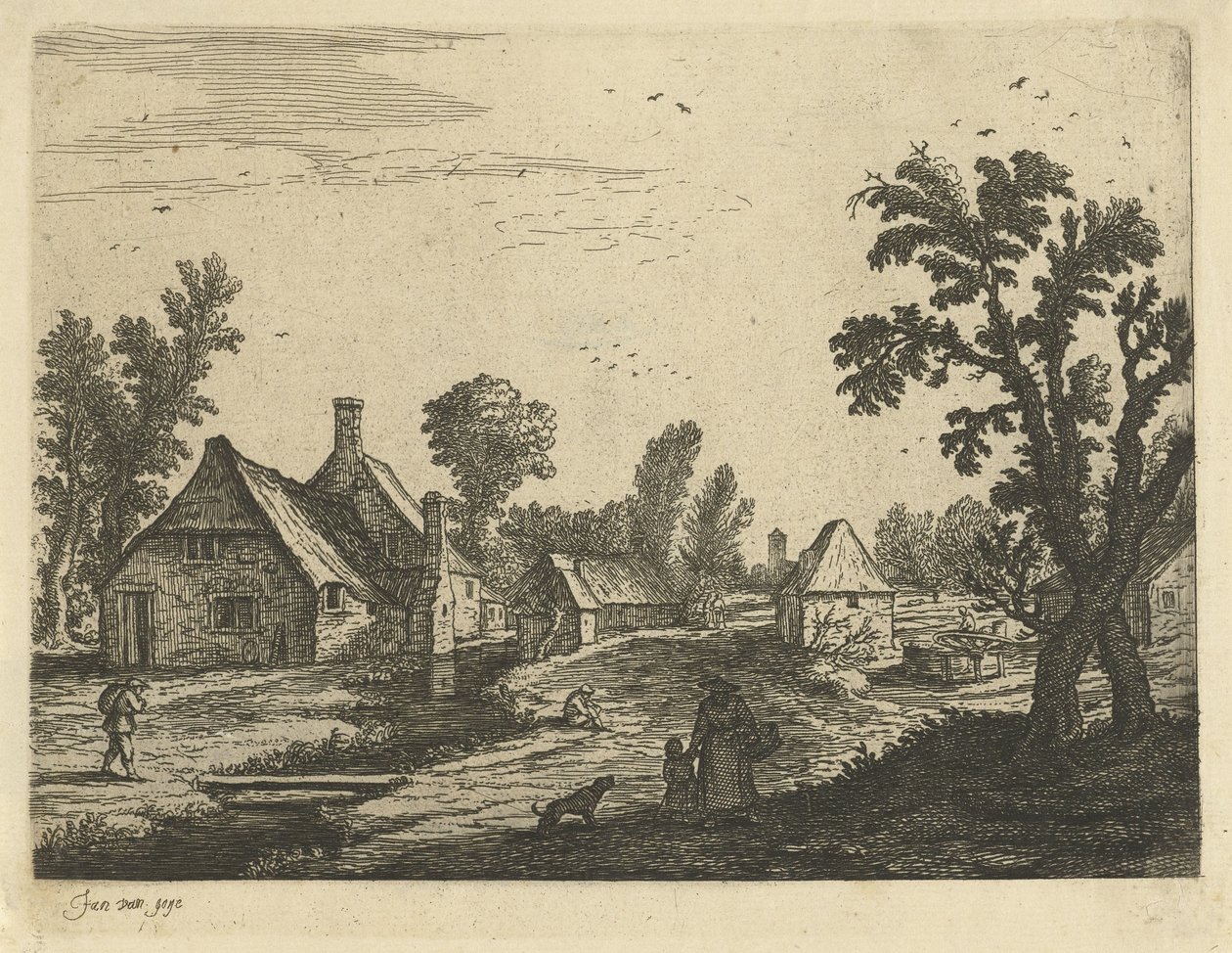 Byutsikt med kvinna och barn på bygatan av Jan van de Cappelle (attributed to)