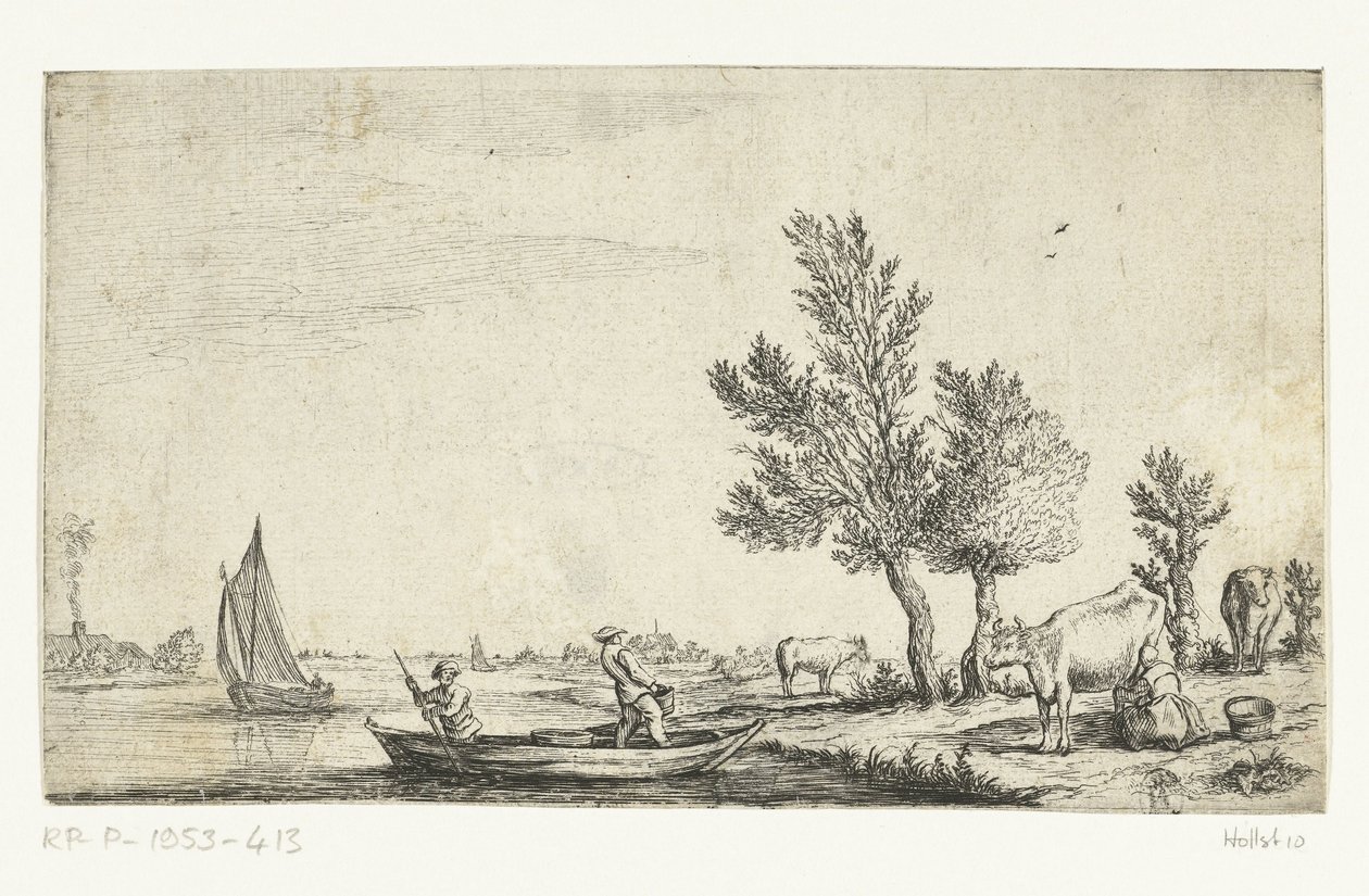 Flodlandskap med två män i en roddbåt av Jan van de Cappelle (attributed to)