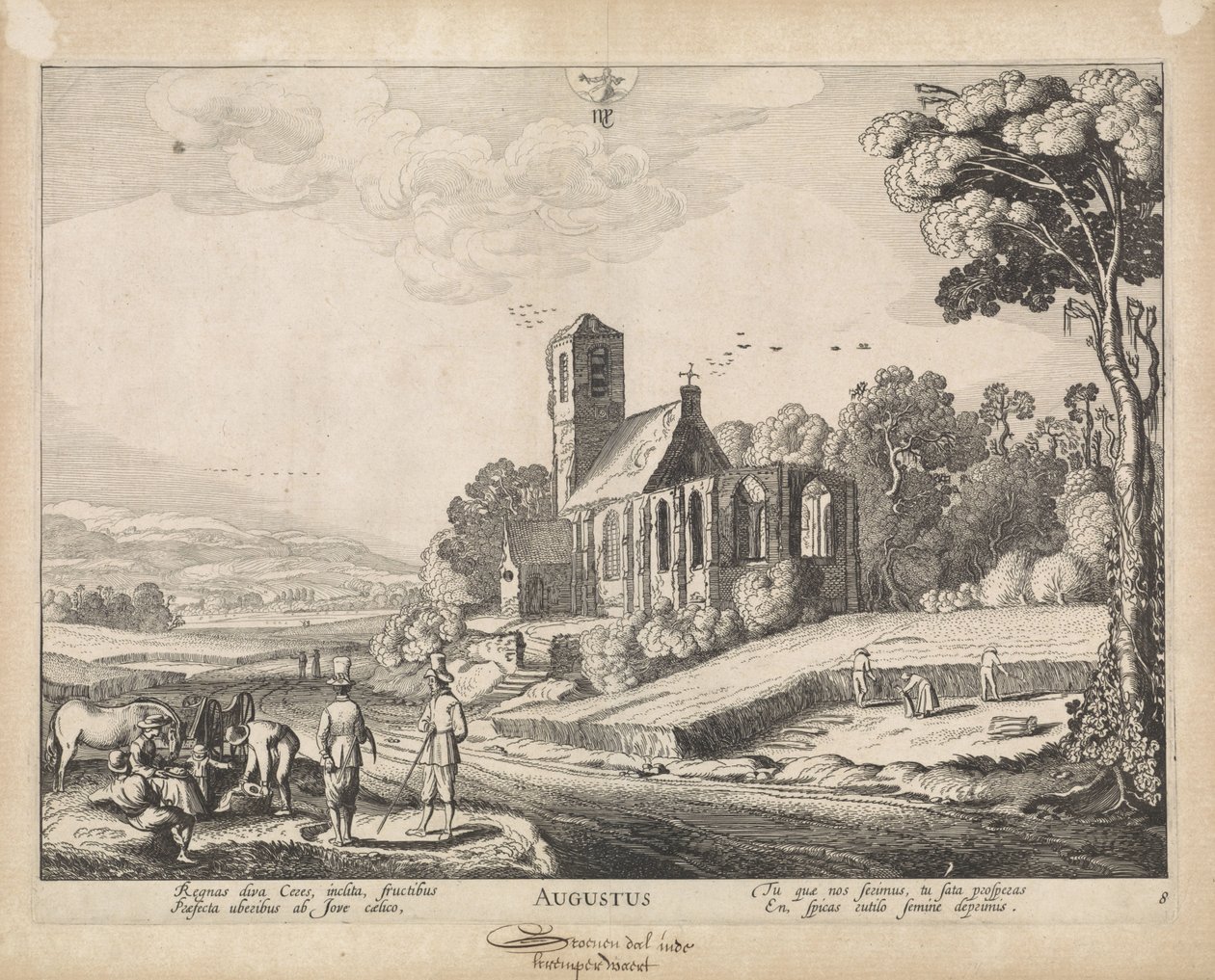 augusti augusti (titel på objekt) De tolv månaderna, med byutsikt (serietitel) av Jan van de Velde (II)