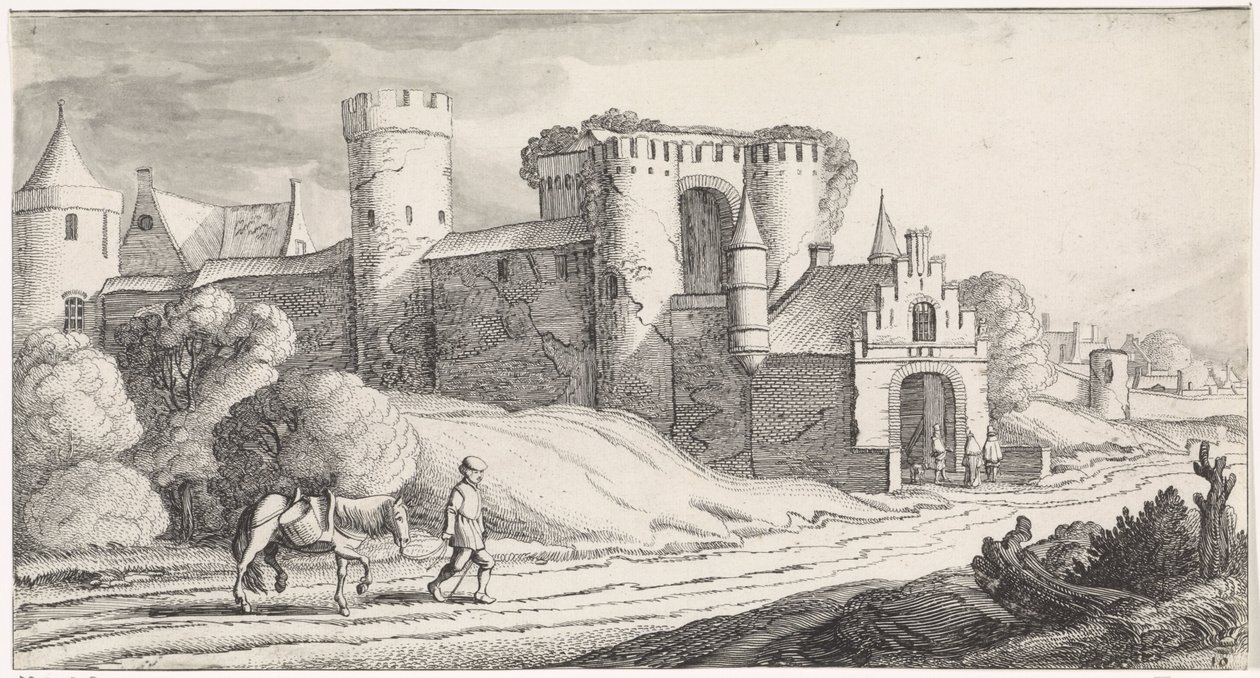 Bonde med häst på en väg förbi ett slott Playsante landskap och roliga ansikten (serietitel) av Jan van de Velde (II)