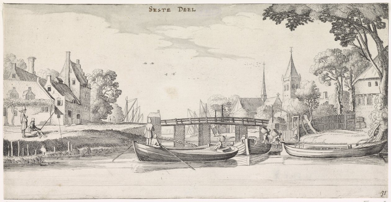 Båtar vid en brygga i en by Lekfulla landskap och underhållande ansikten (serietitel) av Jan van de Velde (II)