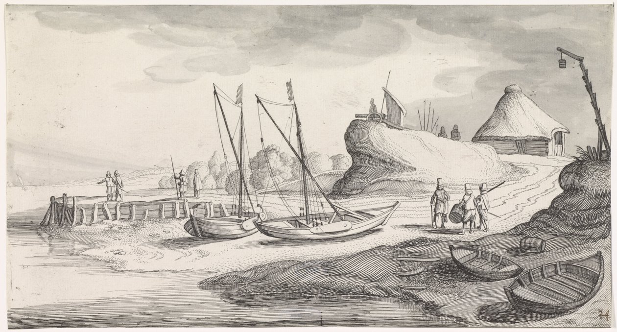 Båtar på en flodstrand Playsante landskap och roliga ansikten (serietitel) av Jan van de Velde (II)