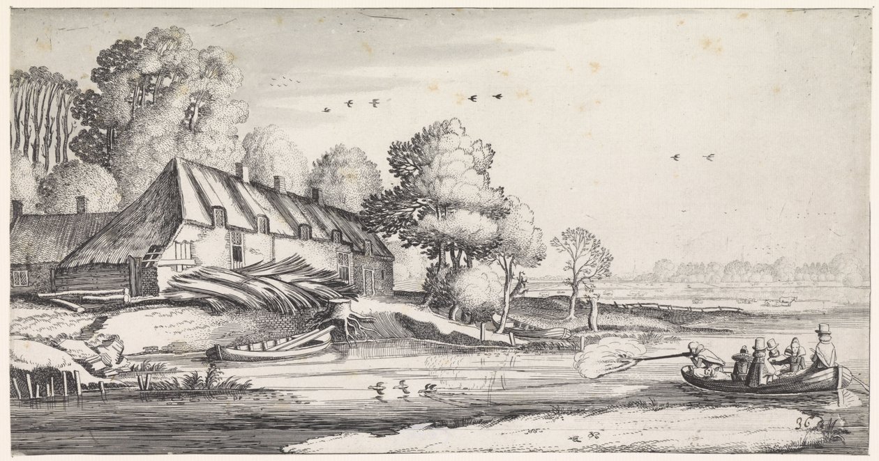 Ankajakt på en flod nära en gård Playsante landskap och roliga ansikten (serietitel) av Jan van de Velde (II)