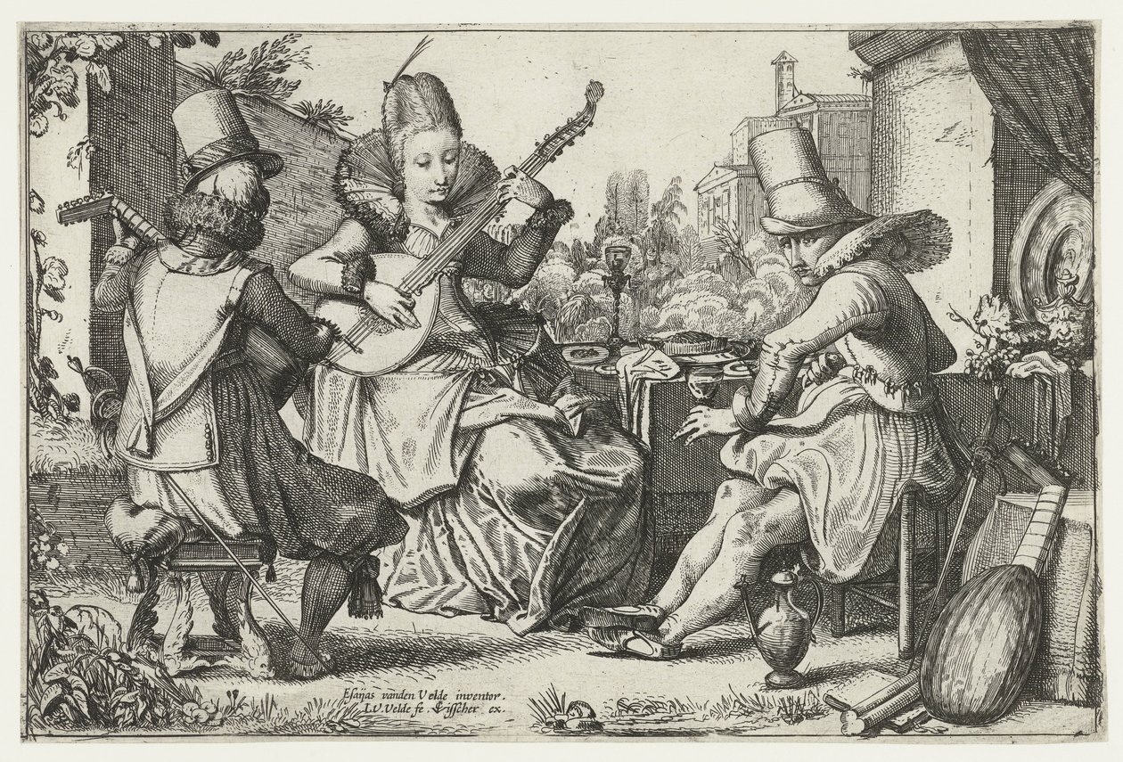 Elegant företag som gör musik i en trädgård av Jan van de Velde (II)