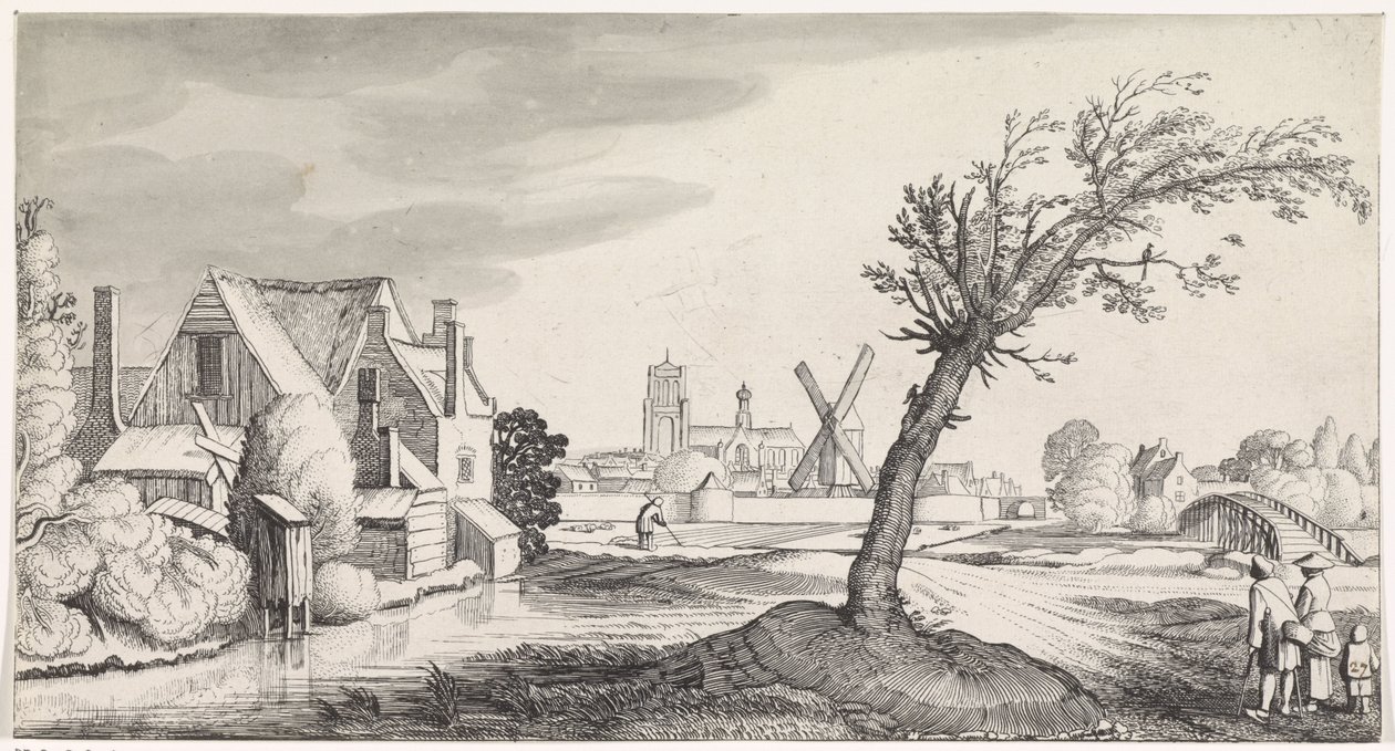 Familj i ett hus med en stad i bakgrunden Playsante landskap och roliga ansikten (serietitel) av Jan van de Velde (II)