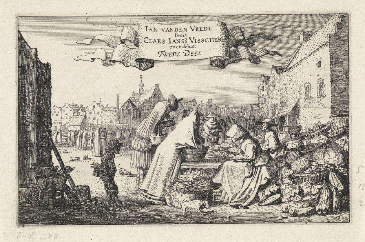 Figurer vid ett grönsaksstånd på en marknad Landskap (serietitel) Amenissimae aliquot requculae (serietitel) av Jan van de Velde (II)