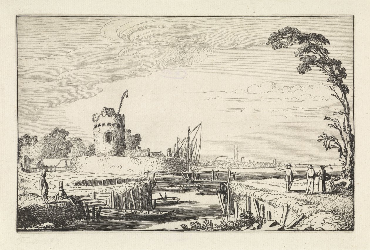 Figurer vid en hamn och ett torn Landskap (serietitel) Amenissimae aliquot requculae (serietitel) av Jan van de Velde (II)