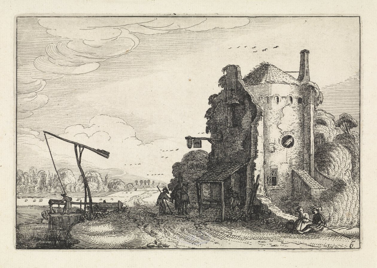 Figurer på ett värdshus i ett runt torn Landskap (serietitel) Amenissimae aliquot requculae (serietitel) av Jan van de Velde (II)