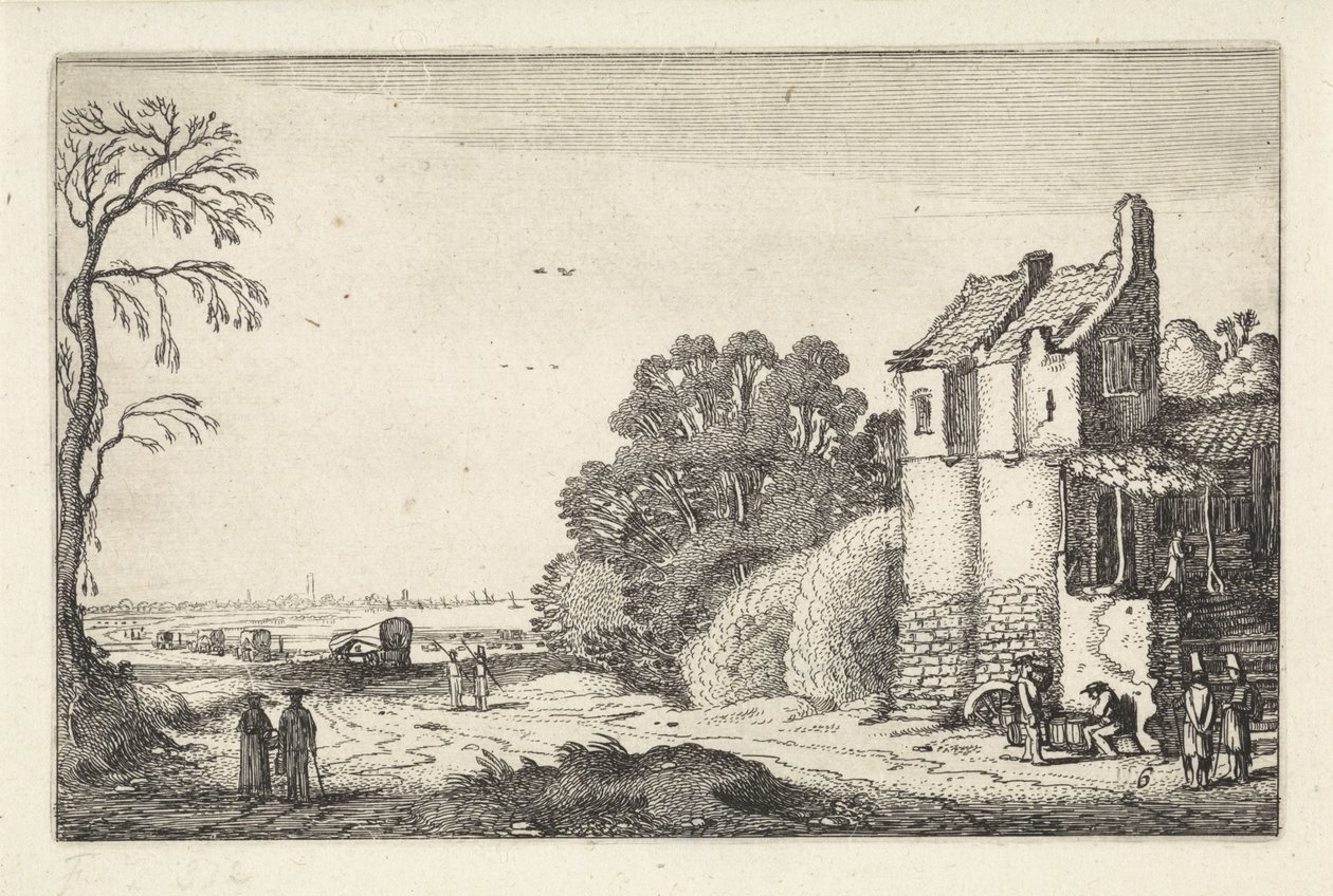 Figurer vid ett hus och täckta vagnar på en landsväg Landskap (serietitel) Amenissimae aliquot requculae (serietitel) av Jan van de Velde (II)