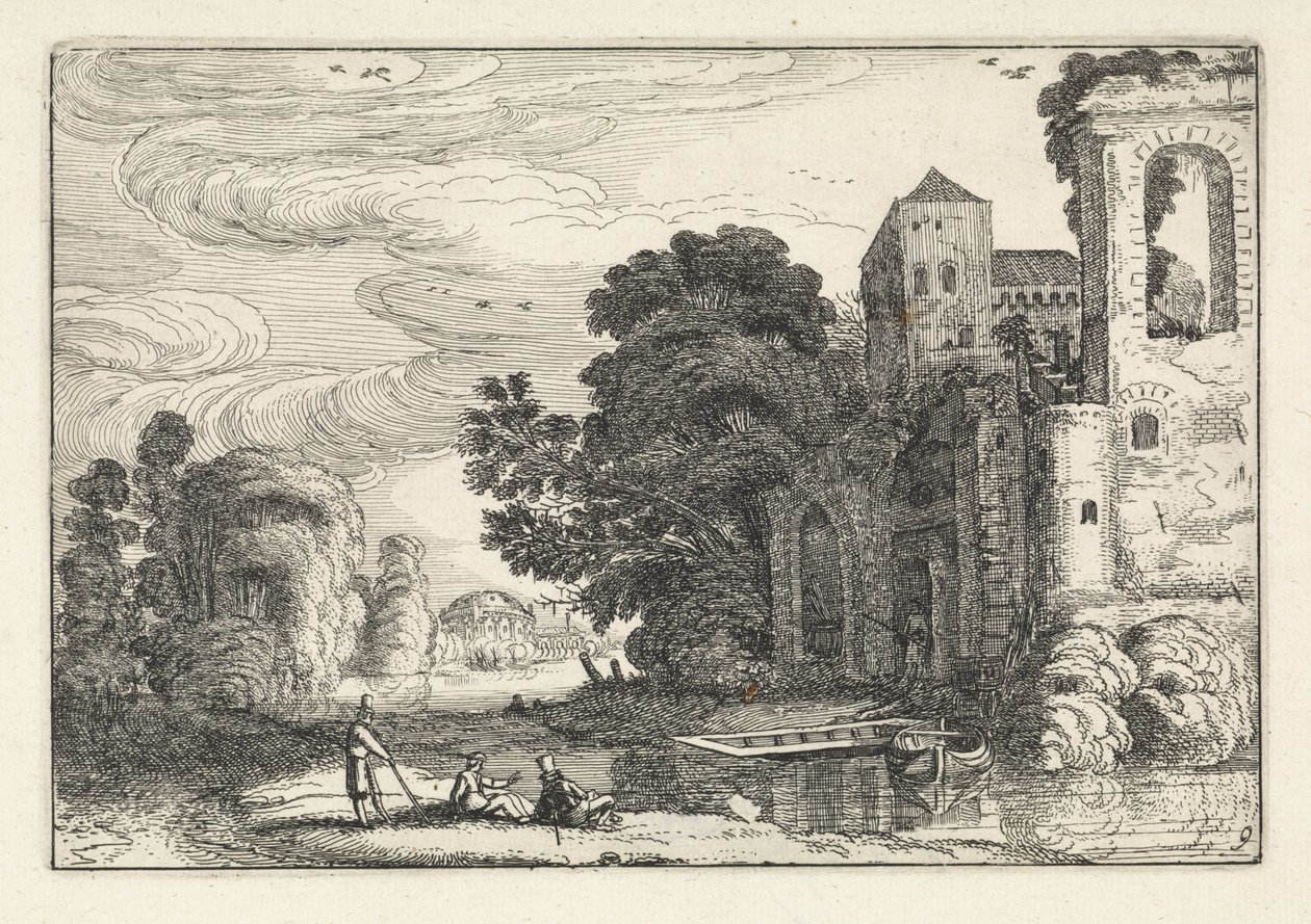 Figurer på ett slott vid en flod Landskap (serietitel) Amenissimae aliquot requculae (serietitel) av Jan van de Velde (II)