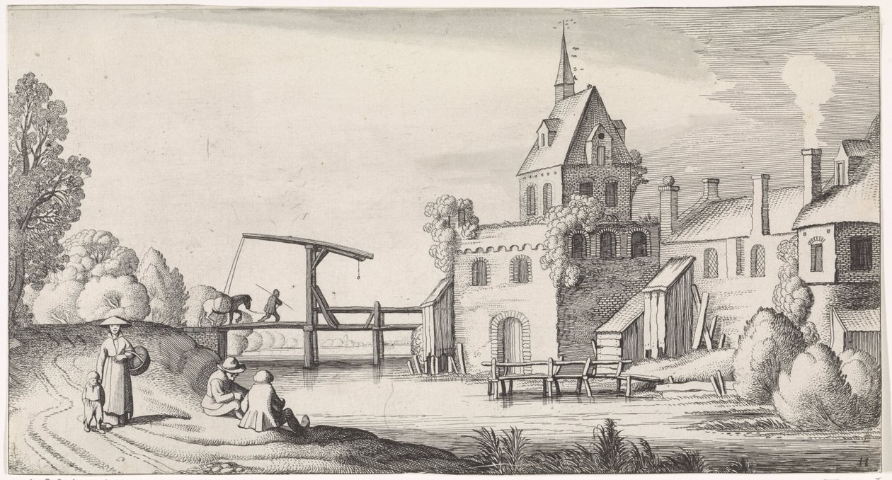 Figurer vid en vindbro för en by med ett kyrktorn Playsante landskap och roliga ansikten (serietitel) av Jan van de Velde (II)