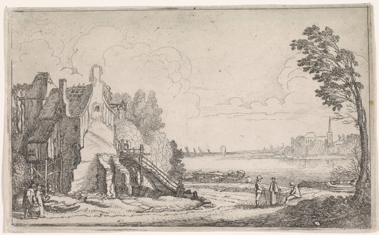 Figurer vid ett fallfärdigt hus vid en flod Flodlandskap (serietitel) av Jan van de Velde (II)