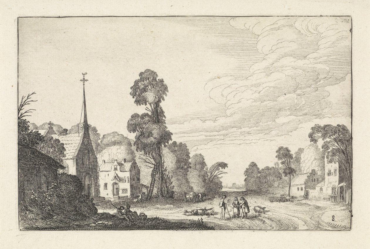 Figurer och boskap i en by med en kyrka Landskap (serietitel) Amenissimae aliquot requculae (serietitel) av Jan van de Velde (II)