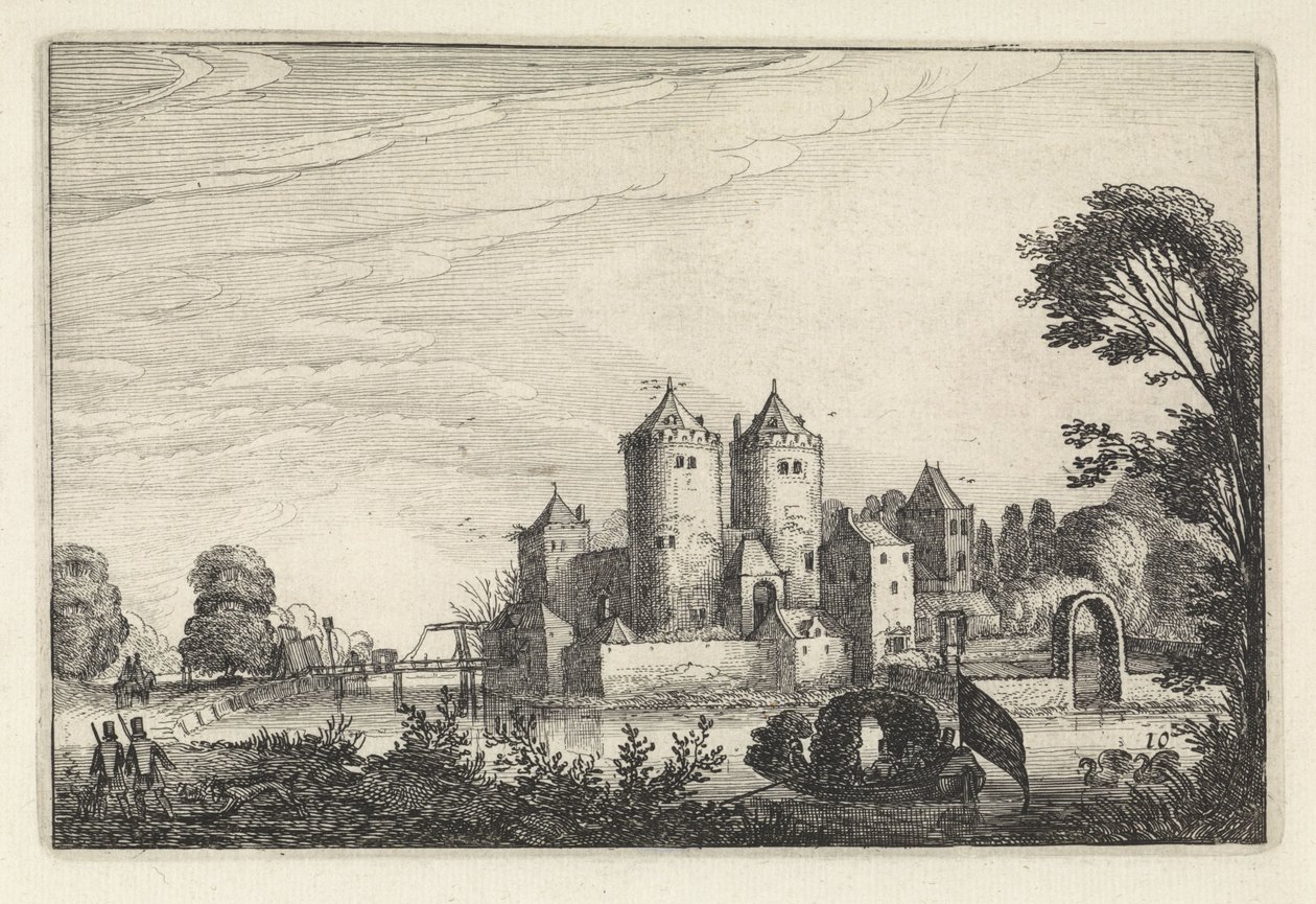 Figurer i en nöjesbåt på ett slott Landskap (serietitel) Amenissimae aliquot requculae (serietitel) av Jan van de Velde (II)