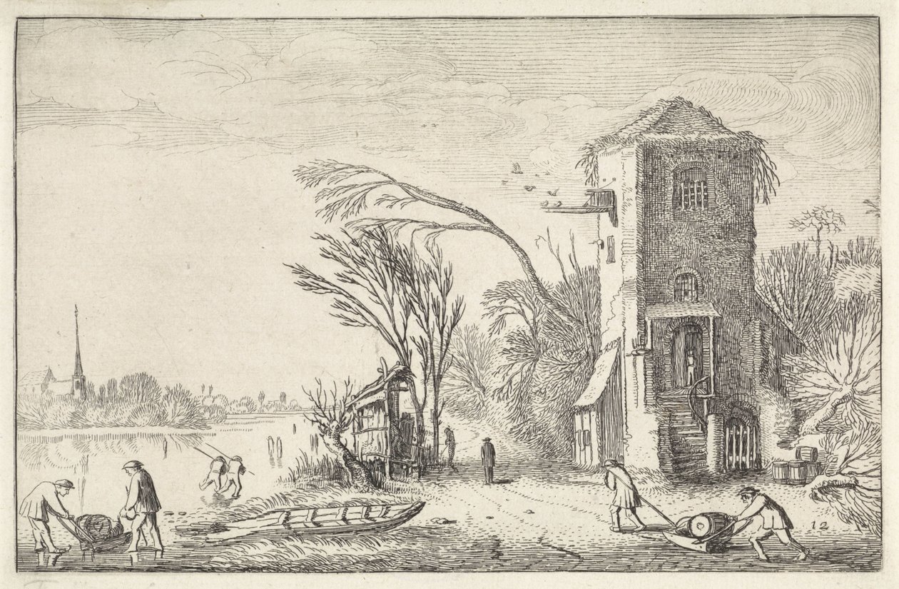 Figurer i ett vinterlandskap med ett torn Landskap (serietitel) Amenissimae aliquot requculae (serietitel) av Jan van de Velde (II)