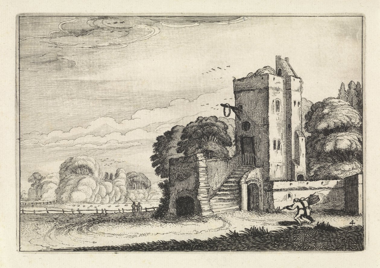 Figurer med en fågelkorg nära ett torn i ett landskap Landskap (serietitel) Amenissimae aliquot requculae (serietitel) av Jan van de Velde (II)