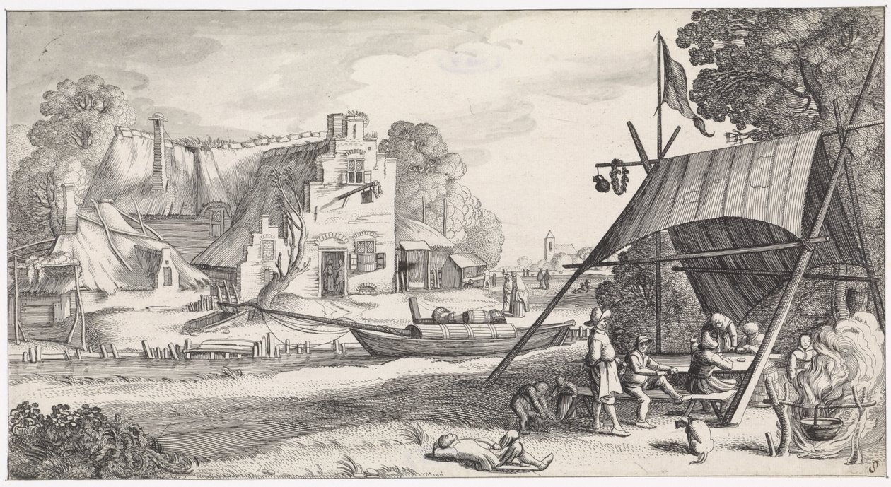 Figurer under en tältduk på ett värdshus Playsante landskap och roliga ansikten (serietitel) av Jan van de Velde (II)