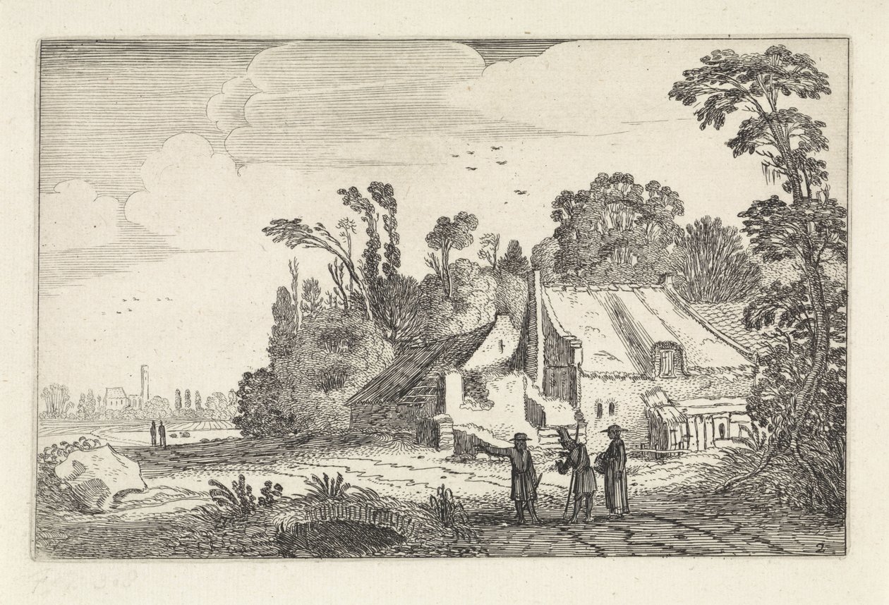 Figurer på en landsväg vid en gård Landskap (serietitel) Amenissimae aliquot requculae (serietitel) av Jan van de Velde (II)