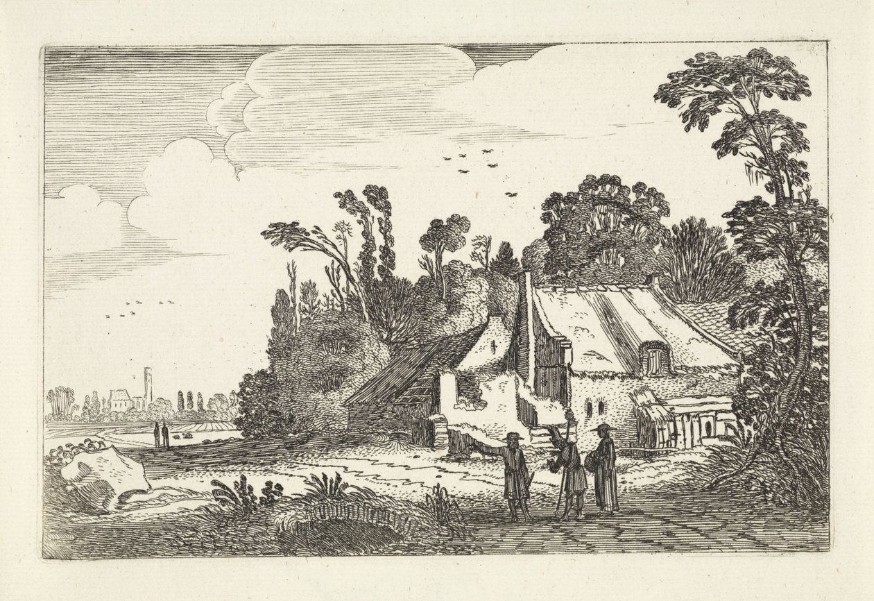 Figurer på en landsväg vid en gård Landskap (serietitel) Amenissimae aliquot requculae (serietitel) av Jan van de Velde (II)