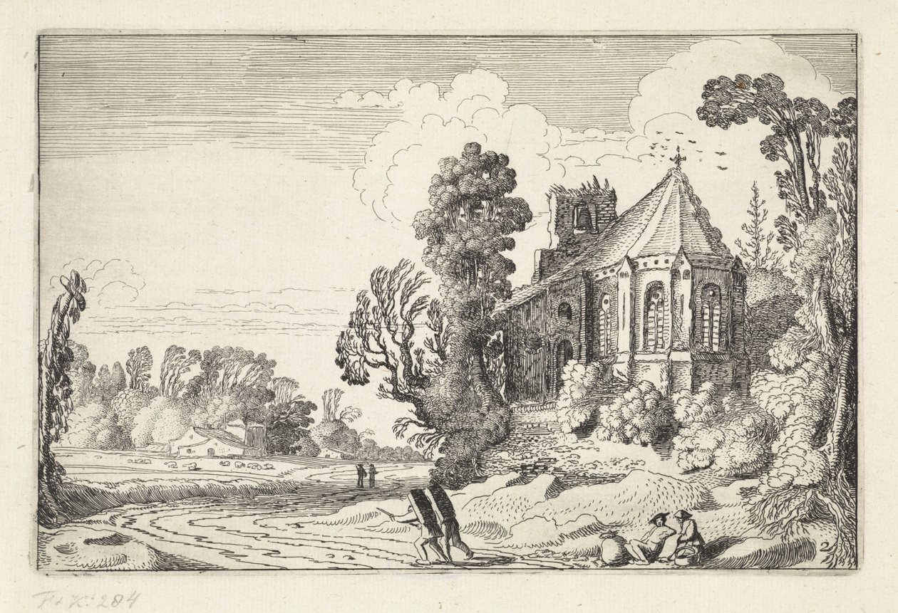 Figurer på en landsväg nära en kyrkoruin Landskap (serietitel) Amenissimae aliquot requculae (serietitel) av Jan van de Velde (II)
