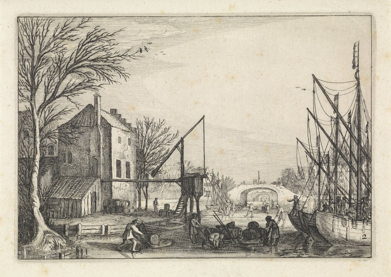 Figurer på isen på ett bryggeri Landskap (serietitel) Amenissimae aliquot requculae (serietitel) av Jan van de Velde (II)