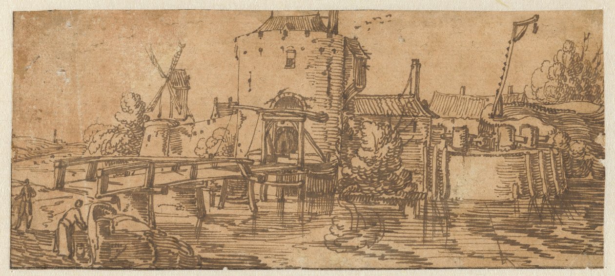 Utsikt över en stad (Culemborg?) med en bro framför en port av Jan van de Velde (II)