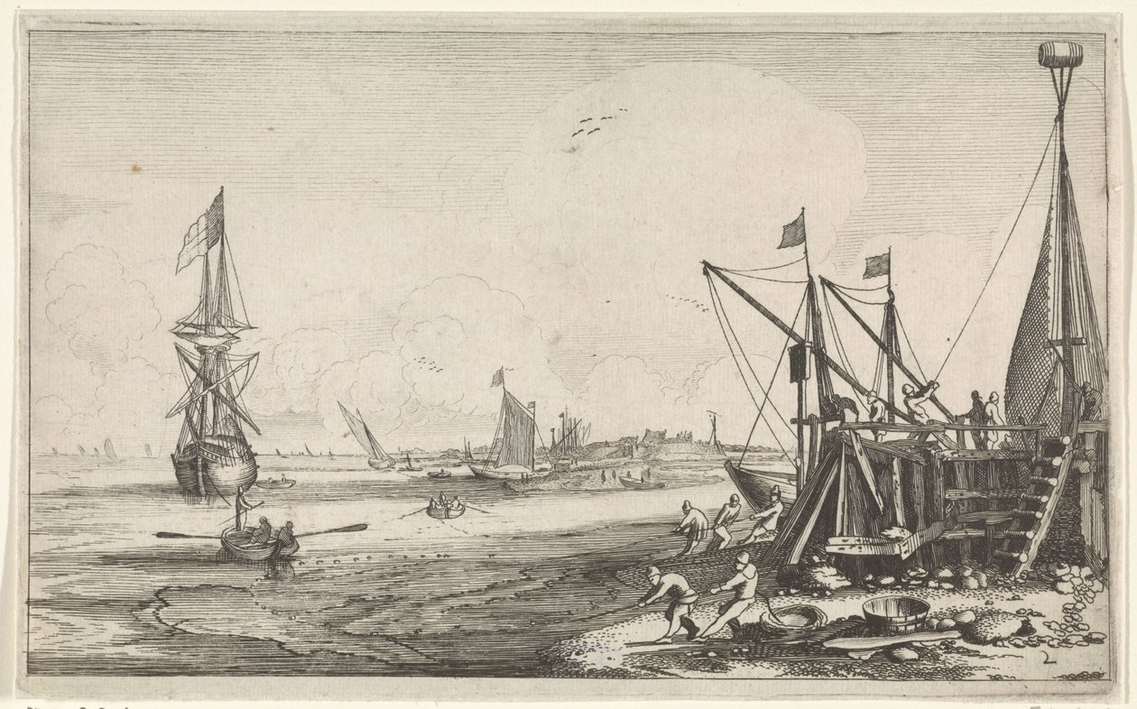 Hamnhuvud med fiskare som drar in sina nät Seascapes (serietitel) av Jan van de Velde (II)