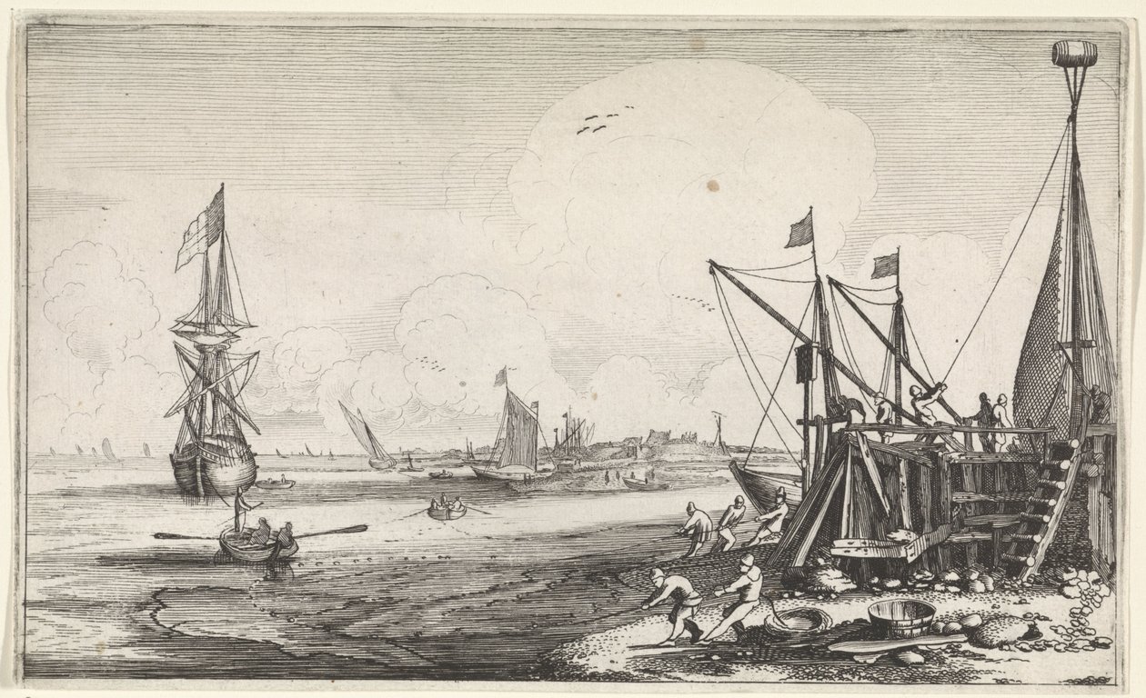 Hamnhuvud med fiskare som drar in sina nät Seascapes (serietitel) av Jan van de Velde (II)