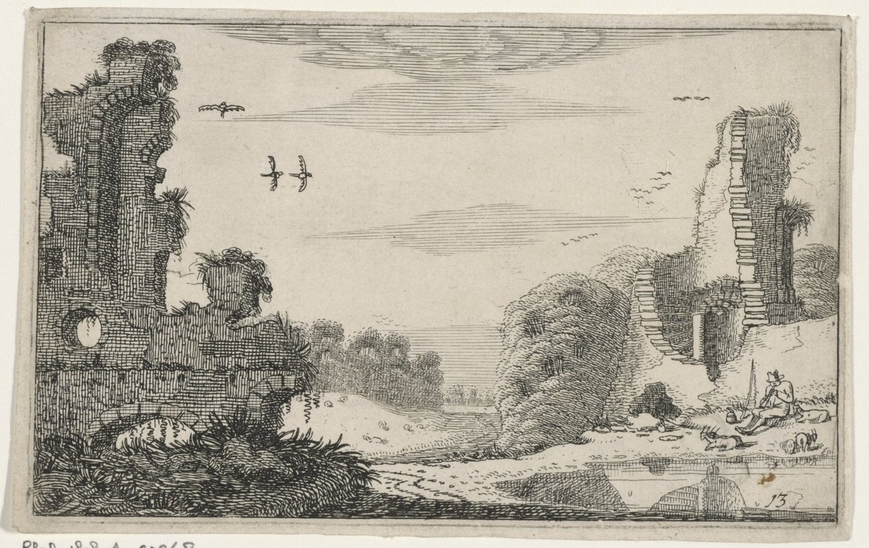 Herder vid en ruin Ruiner (serietitel) (serietitel) av Jan van de Velde (II)