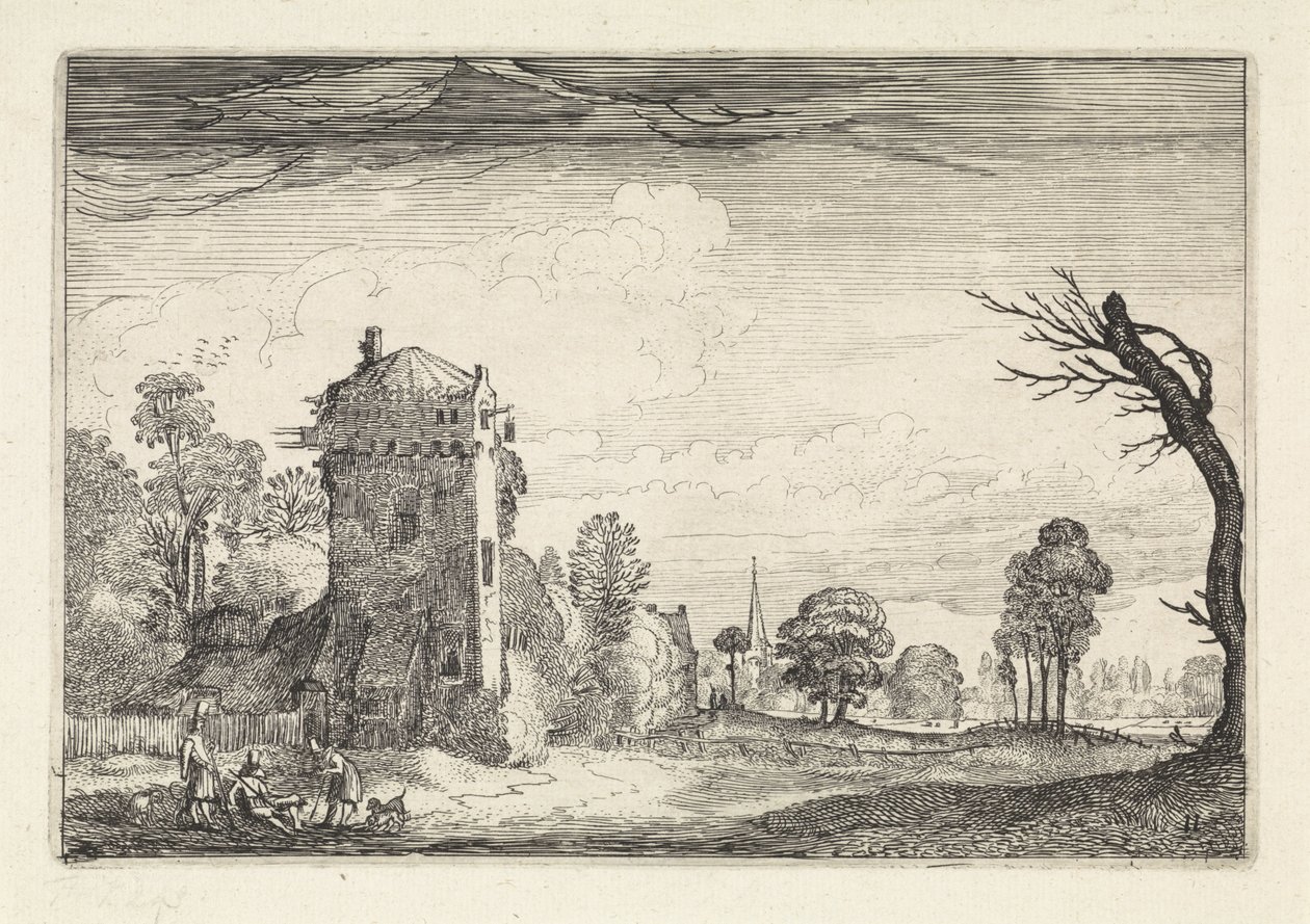 Jägare med hundar vid ett torn i ett landskap Landskap (serietitel) Amenissimae aliquot requculae (serietitel) av Jan van de Velde (II)