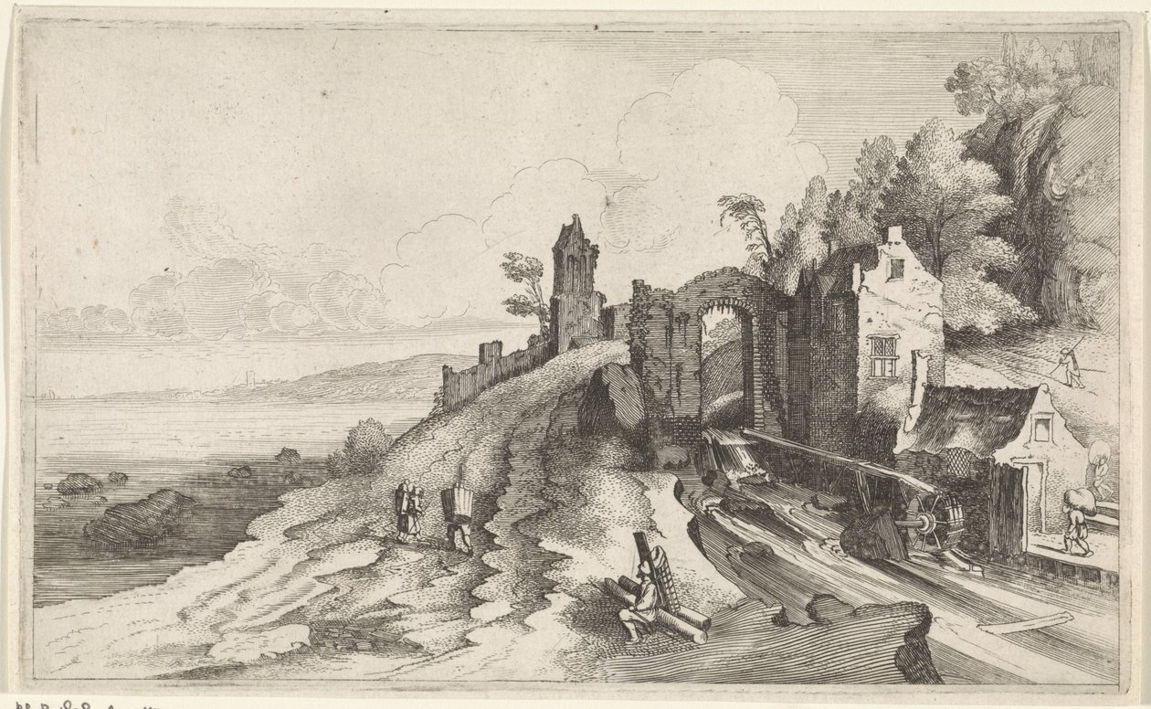 Kustlandskap med en vattenkvarn Seascapes (serietitel) av Jan van de Velde (II)