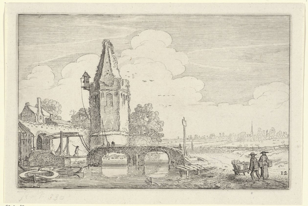 Landskap med ett torn och en bro över floden Niers Landskap (serietitel) Amenissimae aliquot requculae (serietitel) av Jan van de Velde (II)