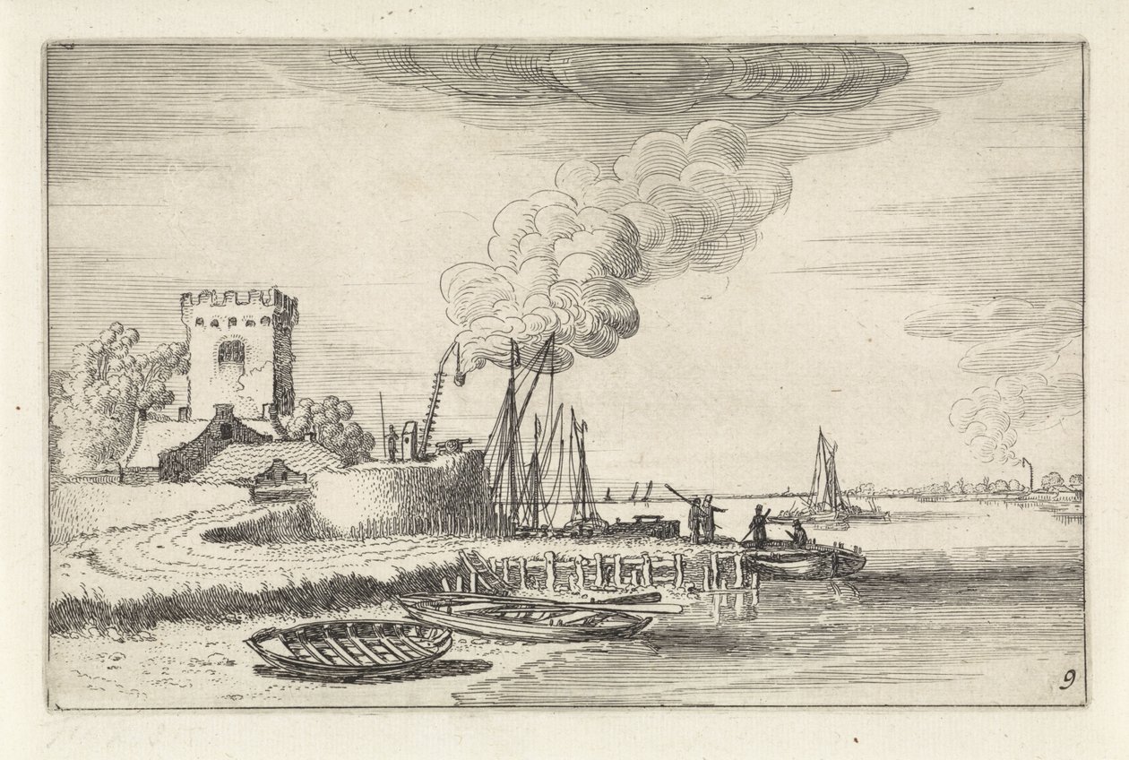 Landskap med en fyr i en hamn Landskap (serietitel) Amenissimae aliquot requculae (serietitel) av Jan van de Velde (II)